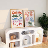 Cheers Print Set of 2, Retro Neutral Bar Cart Print, Cocktail Happy Hour Wall Decor, UNFRAMED