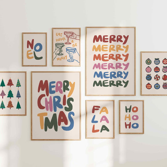 Christmas Colorful Retro Prints Set of 8