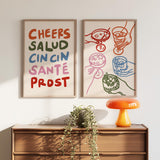 Cheers Print Set of 2, Colorful Bar Cart Posters, Kitchen Happy Hour Wall Decor, UNFRAMED