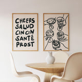 Cheers Print Set of 2, Retro Neutral Bar Cart Print, Cocktail Happy Hour Wall Decor, UNFRAMED