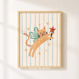 Cat Fairy Stars Print, Colorful Kids Playroom Poster, Toddler Wall Decor, UNFRAMED