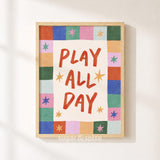 Play All Day Print, Colorful Stars Kids Playroom Poster, Nursery Wall Decor, UNFRAMED
