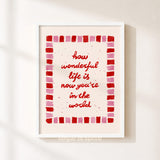 How Wonderful Life Is Print, Red Pink Nursery Poster, Kids Playroom Wall Decor, UNFRAMED