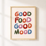 Good Food Good Mood Print, Colorful Retro Kitchen Dining Wall Decor, UNFRAMED