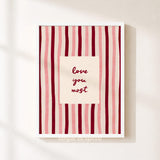 Love You Most Print, Red Pink Nursery Poster, Kids Playroom Wall Decor, UNFRAMED