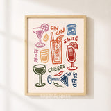 Cheers Colorful Drinks Print, Retro Cocktail Poster, Bar Cart Happy Hour Wall Decor, UNFRAMED